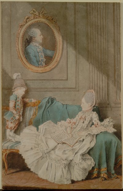 Madame Millin du Perreux en haar zoon, met een geschilderd portret..., ca. 1760 door Louis Carrogis dit Carmontelle