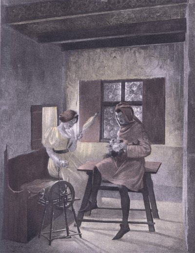 Simona aan het spinnen, illustratie uit Decameron van Boccaccio door Louis Chalon