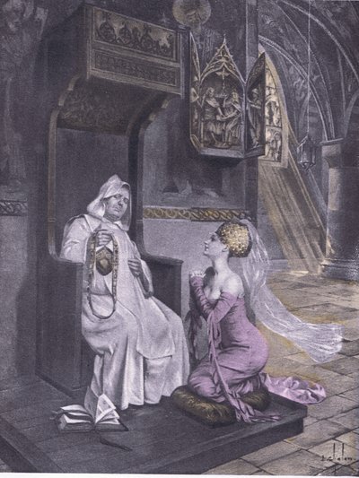 De dame en de monnik, illustratie uit Decameron van Boccaccio uitgegeven door Navarre Society jaren 1930 (litho) door Louis Chalon