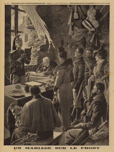 Een huwelijk aan het front, Hauteville, Arras, Frankrijk, Eerste Wereldoorlog door Louis Charles (after) Bombled