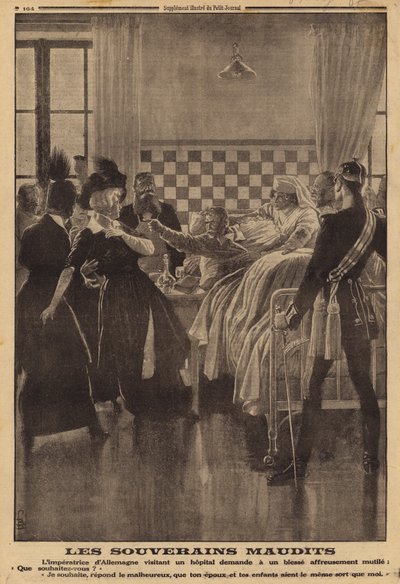 Boze reactie van een gewonde soldaat in het ziekenhuis op een bezoek van keizerin Augusta Victoria, Eerste Wereldoorlog door Louis Charles (after) Bombled