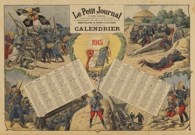 Kalender voor 1915, met slagveldscènes uit de Eerste Wereldoorlog door Louis Charles (after) Bombled
