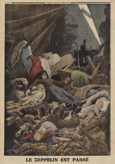 Familie gedood bij een bombardement door een Duitse Zeppelin, Eerste Wereldoorlog, 1916 door Louis Charles (after) Bombled