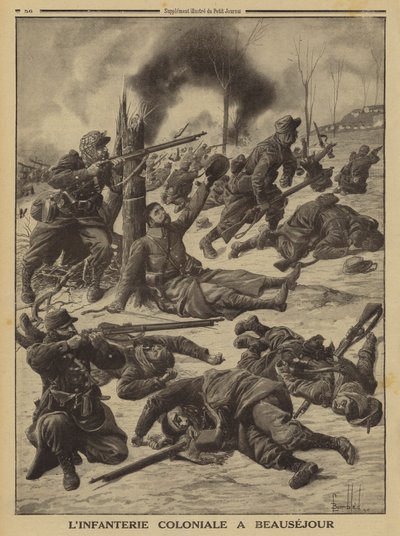 Franse koloniale infanterie vecht bij Beausejour, Eerste Wereldoorlog door Louis Charles (after) Bombled