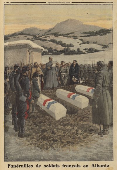 Begrafenis van Franse soldaten die stierven in Albanië tijdens de terugtocht uit Servië, Eerste Wereldoorlog door Louis Charles (after) Bombled