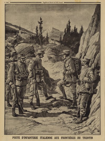 Italiaanse infanteriepost aan de grens van Trentino, Eerste Wereldoorlog door Louis Charles (after) Bombled