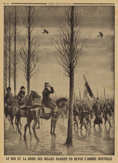Koning Albert I en koningin Elisabeth van de Belgen inspecteren hun nieuwe leger, Eerste Wereldoorlog door Louis Charles (after) Bombled