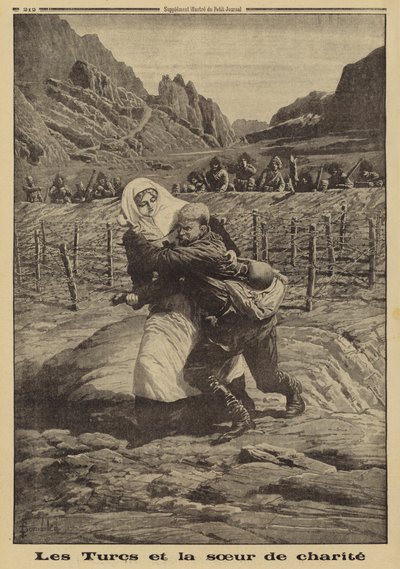 Turkse soldaten houden hun vuur in terwijl een Rode Kruis-verpleegster een gewonde Russische soldaat redt uit niemandsland, de Kaukasus, Eerste Wereldoorlog door Louis Charles (after) Bombled