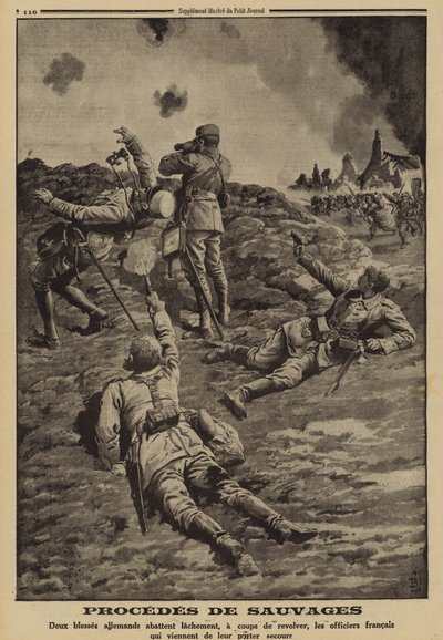 Twee gewonde Duitse soldaten schieten Franse officieren neer die hen hadden geholpen onderdak te vinden, Eerste Wereldoorlog door Louis Charles (after) Bombled