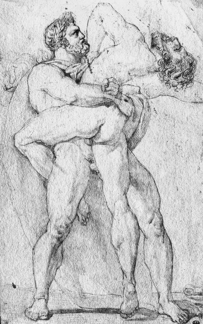 Hercules wurgt Antaeus door Louis Charles Auguste Couder