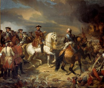 De Slag bij Lawfeld gewonnen door de Maarschalk van Saksen op 27/07/1747 Het Franse leger van koning Lodewijk XV was zegevierend over de Britten van de hertog van Cumberland. Schilderij door Louis Charles Auguste Couder (1789-1873) 1836 door Louis Charles Auguste Couder