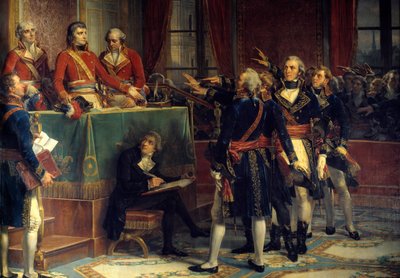 De drie consuls: Bonaparte, Cambacérès en Lebrun ontvangen de eden van presidenten. Rechts Emmanuel-Joseph Sieyès (1748-1836) en Pierre-Roger Ducos (1747-1816). Schilderij door Louis Charles Auguste Couder door Louis Charles Auguste Couder