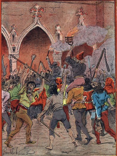 Aankondiging van een nieuwe belasting in 1382 onder het bewind van Karel VI, de bevolking moe van belastingonderdrukking kwam in opstand (opstanden van de maillotins of de harelle, scène van volksopstand op de Place de l
