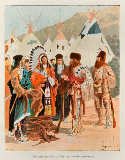 Coureur des bois handelaren met wilden in de 18e eeuw (trapper in Canada); Geschiedenis van Nieuw-Frankrijk door Eugene Guenin - 1900 - Coll, Part. door Louis Charles Bombled