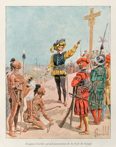 Bombled Louis (1862 - 1927); Jacques Cartier (1491 - 1557) nam bezit van de Baai van Gaspé in Canada namens de koning van Frankrijk, Francois 1e in 1534 (Cartier wijst naar het wapen van Frankrijk op het kruis dat hij had geplant); Geschiedenis van Nieuw-F door Louis Charles Bombled