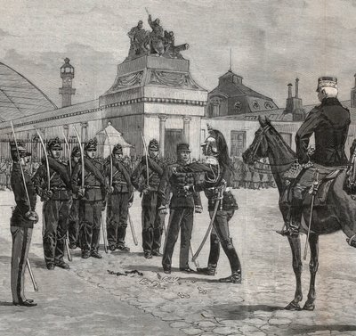 Degradatie van Alfred Dreyfus - Dreyfus-affaire: De degradatie van Alfred Dreyfus in de binnenplaats van de Militaire School Parijs, 5 januari 1895. Gravure in 