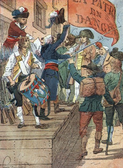 Franse Revolutieoorlogen: vrijwillige inschrijvingen na de nederlagen van Frankrijk in de oorlog tussen revolutionair Frankrijk en contrarevolutionaire monarchieën, de Franse vergadering roept het gevaar voor het vaderland uit, 22 juli 1792) Illustratie do door Louis Charles Bombled