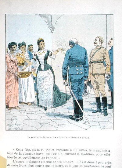Generaal Duchesne en zijn officieren bij de ceremonie van het bad van Koningin Ranavalona III, uit 