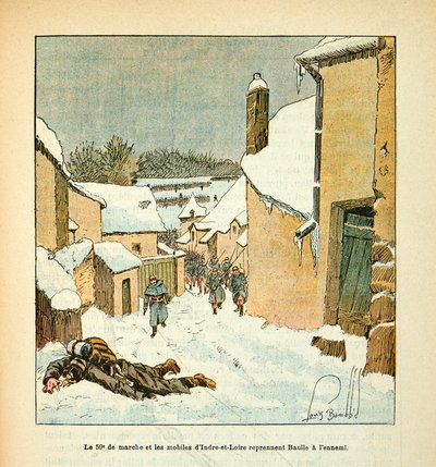 Het leger van de Loire door Eugene Sergent, alias Grenest, geïllustreerd door Louis Bombled (1862-1927) (Frans-Duitse Oorlog; campagne van 1870-1871): De 59e mars en de mobiele eenheden van Indre en Loire heroveren de stad Baulle van de vijand, Privécollec door Louis Charles Bombled