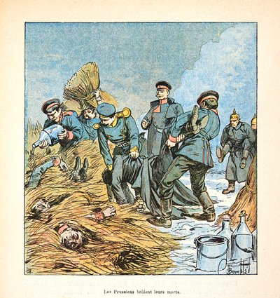 Het leger van de Loire door Eugene Sergent, alias Grenest, geïllustreerd door Louis Bombled (1862-1927) (Frans-Duitse Oorlog; campagne van 1870-1871): Pruisen verbranden hun doden tijdens de oorlog van 1870, Privécollectie door Louis Charles Bombled
