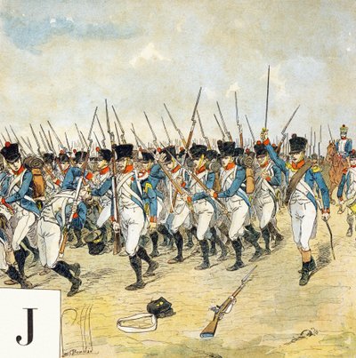 Letter J: Jonge garde, "Je serai soldat" (Ik zal soldaat worden) - Militair alfabet door Louis Charles Bombled
