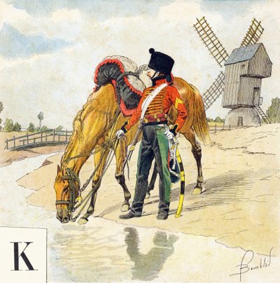 Letter K: Kolbach (kolbak, kolbaque), hoed van de Franse ruiters van het eerste en tweede keizerrijk, "Je serai soldat" (Ik zal soldaat worden) - Militair alfabet door Louis Charles Bombled