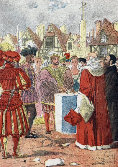 Poseren door de koning van Frankrijk François I van de eerste steen van het Hôtel de Ville de Paris getekend door de Italiaanse architect Boccador door Louis Charles Bombled