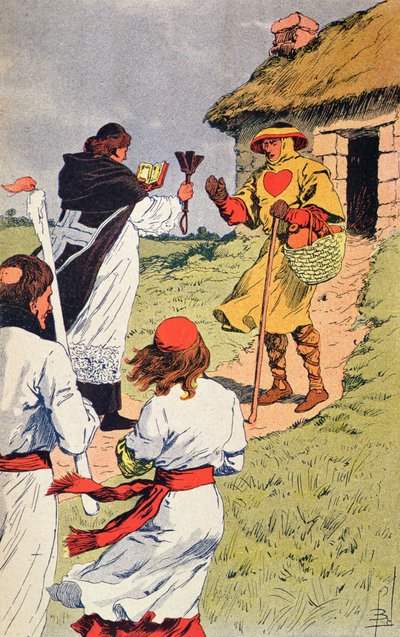 Priester bezoekt een melaatse in de middeleeuwen, illustratie uit 