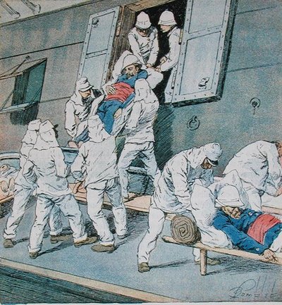 Soldaten die ziek werden tijdens de Madagaskar-campagne ontschepen in Algiers van het schip Shamrock, c.1897 door Louis Charles Bombled