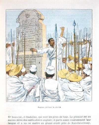 Tovenaars die oproer prediken tegen Frankrijk na de Franse bezetting van Madagaskar in 1895, illustratie uit 