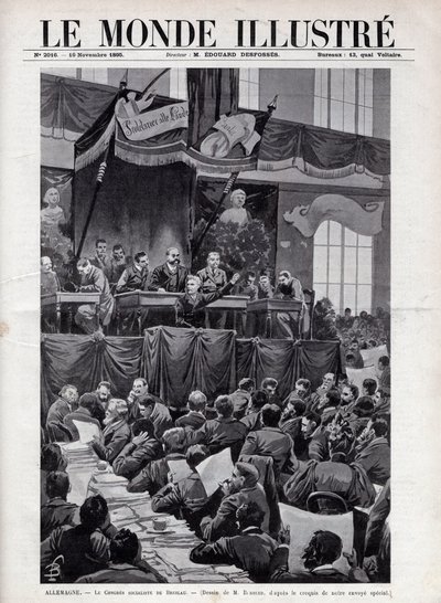 Toespraak van August Bebel (1840-1913) tijdens het Socialistisch Congres van Breslau in Duitsland in 1895 - Gravure in 
