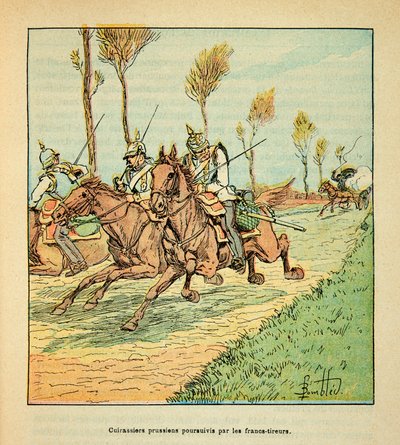 Pruisische kurassiers achtervolgd door de Freicisten in oktober 1870 door Louis Charles Bombled