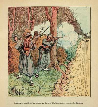 Oorlog van Orleans, de Pontificale Zouaven trokken zich terug door het bos van Orleans door Louis Charles Bombled
