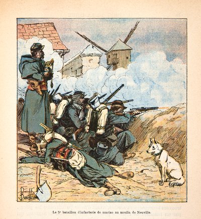 Het leger van de Loire door Eugene Sergent, geïllustreerd door Louis Bombled: Het 5e bataljon marine-infanterie bij de molen van Neuville aux bois in december 1870 door Louis Charles Bombled