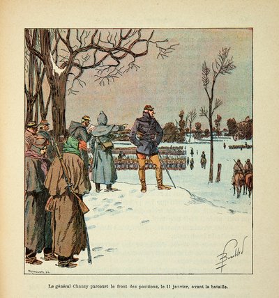 Het leger van de Loire door Eugene Sergent, alias Grenest, geïllustreerd door Louis Bombled (1862-1927) (Frans-Duitse Oorlog; campagne van 1870-1871): Generaal Chanzy bezoekt de frontposities op 11 januari voor de slag, Privécollectie door Louis Charles Bombled