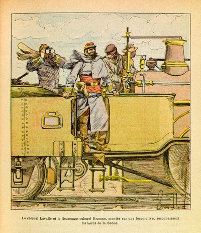 Het Oostelijke Leger van Eugene Sergeant, bekend als Grenest, geïllustreerd door Louis Bombled (1862-1927) (Frans-Duitse Oorlog; campagne van 1870-1871): In december 1870 erkenden kolonel Lavalle en luitenant-kolonel Bramas, gezeten op een locomotief, de o door Louis Charles Bombled