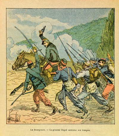 Het Oostelijke Leger van Eugene Sergeant, bekend als Grenest, geïllustreerd door Louis Bombled (1862-1927) (Frans-Duitse Oorlog; campagne van 1870-1871): Generaal Dupre aan het hoofd van zijn mannen bij de Slag om La Bourgonce in oktober 1870, Privécollect door Louis Charles Bombled
