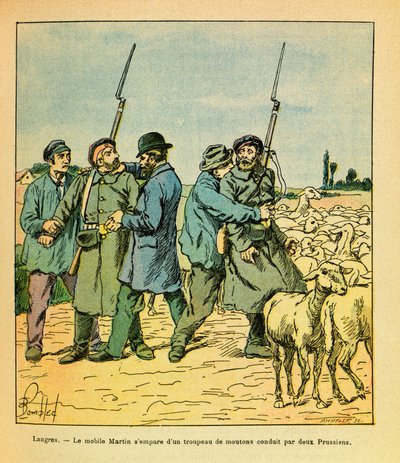 Het Oostelijke Leger van Eugene Sergeant, alias Grenest, geïllustreerd door Louis Bombled (1862-1927) (Frans-Duitse Oorlog; campagne van 1870-1871): De Martin mobiel, vermomd als boer, nam een kudde schapen in beslag die door twee Pruisen naar Langres werd door Louis Charles Bombled