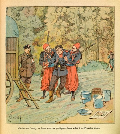 Het Oostelijke Leger van Eugene Sergeant, bekend als Grenest, geïllustreerd door Louis Bombled (1862-1927) (Frans-Duitse Oorlog; campagne van 1870-1871): Slag bij Cussey, oktober 1870, twee Zouaven verlenen zorg aan een gewonde Pruis, Collectie Gedeeltelij door Louis Charles Bombled