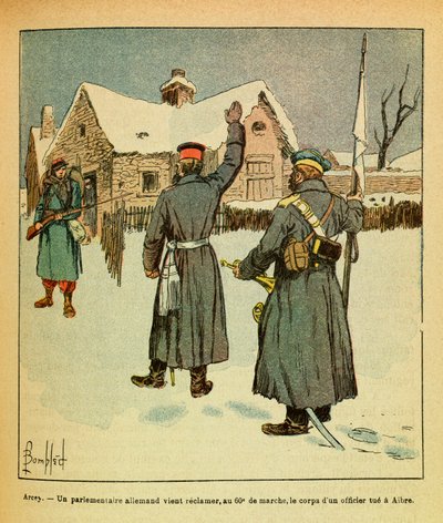 Het oostelijke leger van Eugene Sergeant, geïllustreerd door Louis Bombled: Januari 1871-Arcey, een Duitse parlementariër komt het lichaam van een officier opeisen bij de 60e mars, gedood in Aibre door Louis Charles Bombled