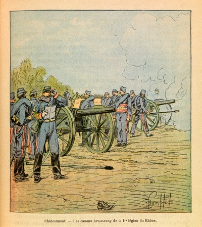 De Oostelijke Armee van Eugene Sergeant, bekend als Grenest, geïllustreerd door Louis Bombled: Voor Chateauneuf, de Armstrong-kanonnen van het Eerste Legioen van de Rhône in december 1870 door Louis Charles Bombled