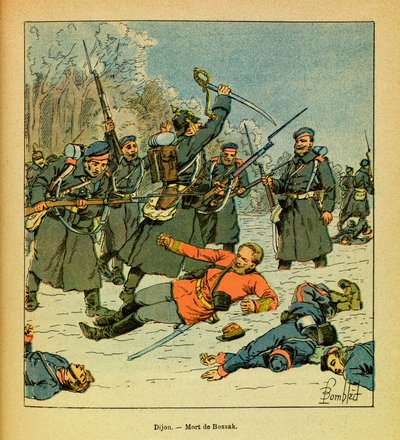 Het Oostelijke Leger van Eugene Sergeant, genaamd Grenest, geïllustreerd door Louis Bombled (1862-1927) (Frans-Duitse Oorlog; campagne van 1870-1871): Dood van Generaal Bossak-Hauke op de plaats bekend als La Cap door Louis Charles Bombled
