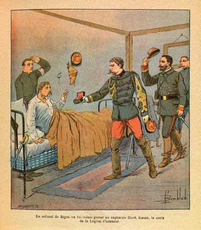 Het Oostelijke Leger van Eugene Sergeant, genaamd Grenest, geïllustreerd door Louis Bombled (1862-1927) (Frans-Duitse Oorlog; campagne van 1870-1871): Kolonel De Bigot bracht zelf Kapitein Huot het kruis van het Legioen van Eer na de gevechten van Voujeauc door Louis Charles Bombled