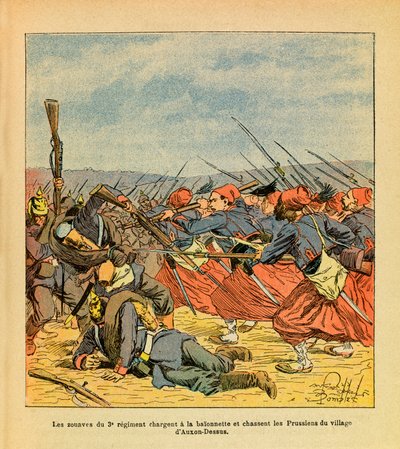 Het Oostelijke Leger van Eugene Sergeant, bekend als Grenest, geïllustreerd door Louis Bombled (1862-1927) (Frans-Duitse Oorlog; campagne van 1870-1871): De Zouaven van het 3e Regiment chargeerden met bajonet en verdreven de Pruisen uit het dorp Auxon-Dess door Louis Charles Bombled