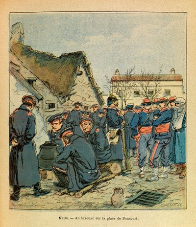Het Oostelijke Leger van Eugene Sergeant, geïllustreerd door Louis Bombled (1862-1927): Slag bij Nuits-Saint-Georges, Duitse bivak op de Place de Boncourt met Franse gevangenen, Privécollectie door Louis Charles Bombled