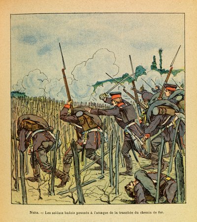 Het Oostelijke Leger van Eugene Sergeant, geïllustreerd door Louis Bombled (1862-1927): Slag bij Nuits-Saint-Georges; Badoise soldaten vielen het spoorwegdeel aan in december 1870, Privécollectie door Louis Charles Bombled