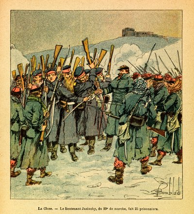 Het Oostelijke Leger van Eugene Sergeant, bekend als Grenest, geïllustreerd door Louis Bombled (1862-1927) (Frans-Duitse Oorlog; campagne van 1870-1871): Februari 1871 tijdens de laatste gevechten bij La Cluse Luitenant Jasinsky van de 29e, maakte 35 gevan door Louis Charles Bombled