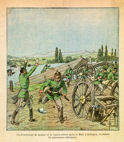 Het Oostelijke Leger van Eugene Sergeant, bekend als Grenest, geïllustreerd door Louis Bombled (1862-1927) (Frans-Duitse Oorlog; campagne van 1870-1871): Een detachement Franse motieven en scherpschutters stak de Rijn over en verjoeg de Duitse bruggenbouwe door Louis Charles Bombled