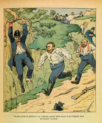 Het oostelijke leger van Eugene Sergeant, bekend als Grenest, geïllustreerd door Louis Bombled (Frans-Duitse Oorlog; campagne van 1870-1871): Duitse troepen vluchten Chatillon sur Seine voor de troepen van Ricciotti Garibaldi in november 1870, privécollect door Louis Charles Bombled