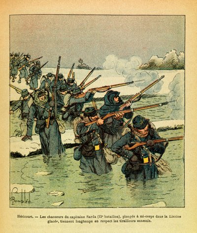 Januari 1871, Hericourt, de jagers van kapitein Sarda duiken half in het ijs van de Lisaine door Louis Charles Bombled